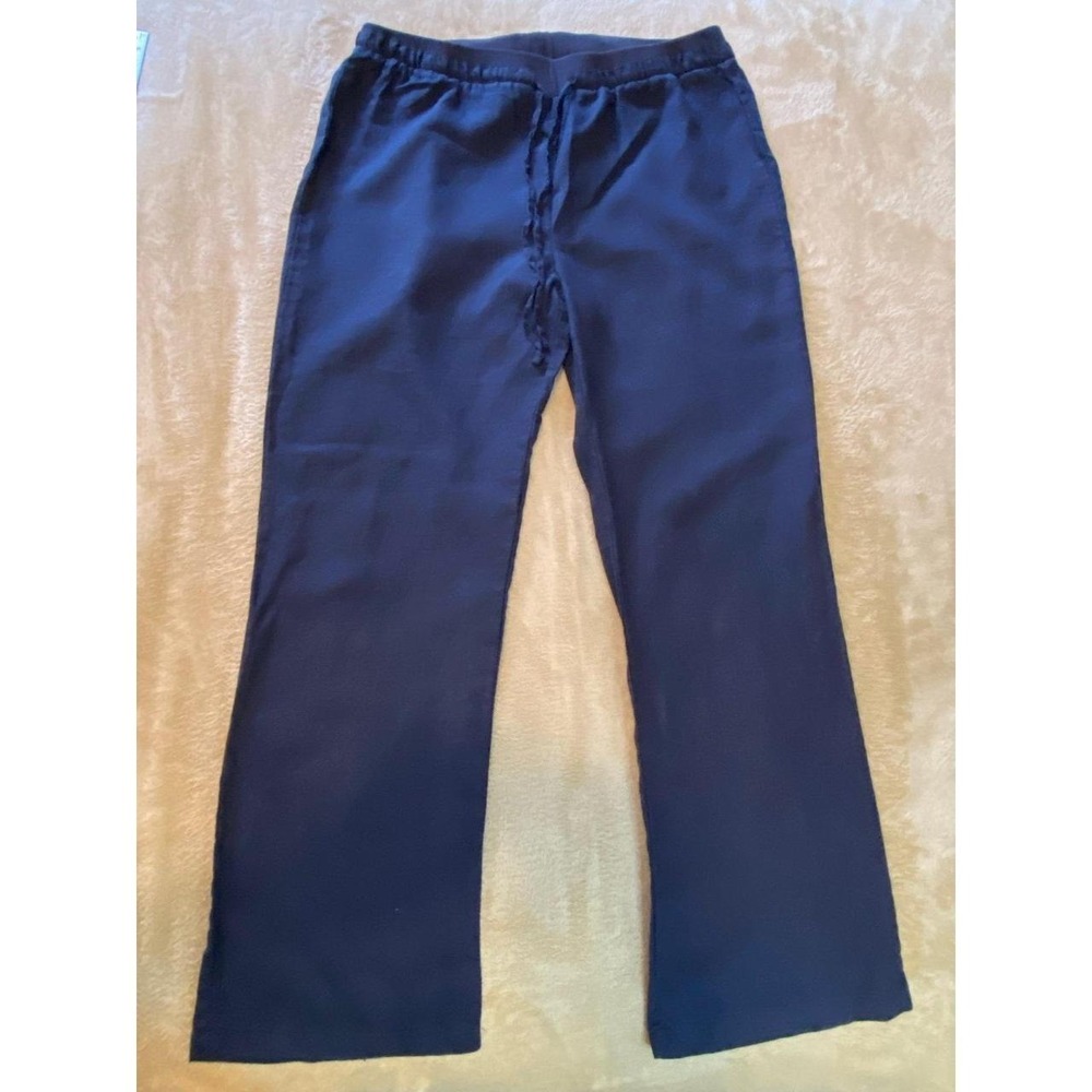 Ellen Tracy Pants Linen Women Medium Blue Pull-on Elastic Tie Waist s15